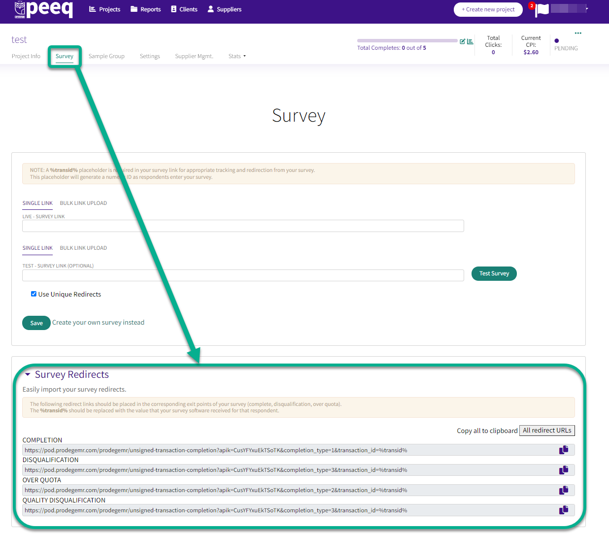 Qualtrics Integrating Prodege peeq redirects and entry link peeq